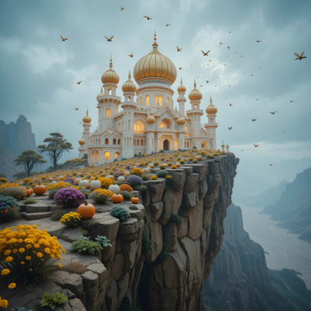 Beautiful fantasy landscape with a mosque in the middle of the mountainsの素材