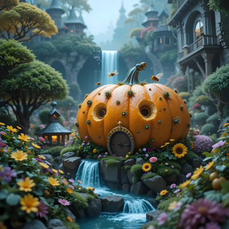 Halloween pumpkin in the garden with waterfall background. Halloween concept.の素材