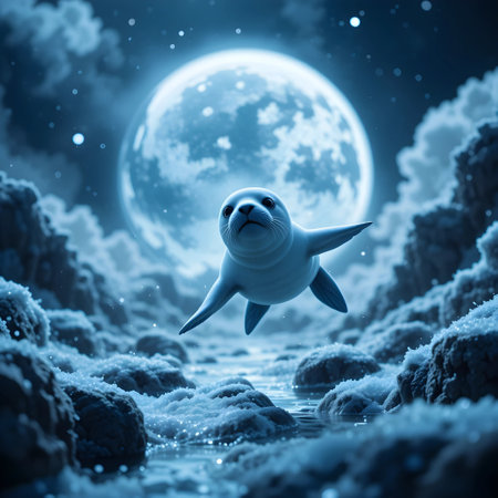 3D rendering of a sea lion swimming in the ocean with the moon in the backgroundの素材