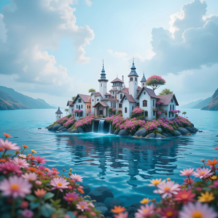Fairytale castle on the island in lake. 3d renderの素材