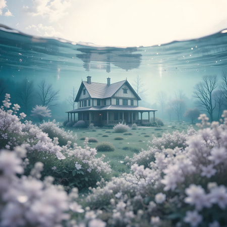 Beautiful house underwater in the lake. 3d render illustration.の素材