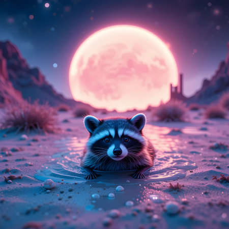 Raccoon in the moonlight. 3D illustration. Fantasyの素材