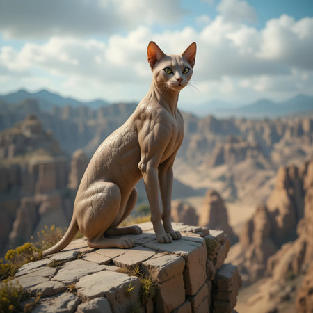 Sphynx cat sitting on a rock. 3D renderingの素材