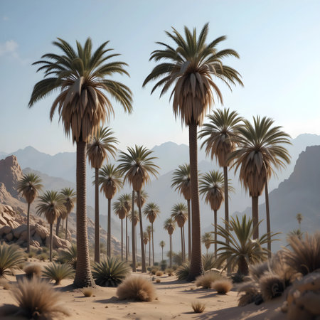 Palm trees in the desert, 3d render. Computer digital drawing.の素材