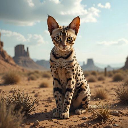 Bengal cat sitting in the desert. 3D illustration.の素材