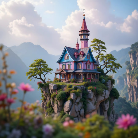 Beautiful fairy-tale house on the cliff with flowers in the foregroundの素材