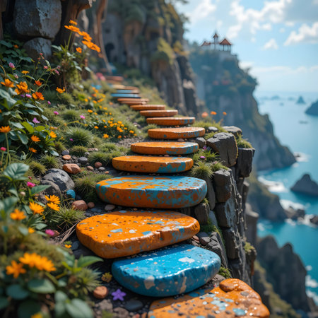 Colorful stone steps in the mountains, Madeira island, Portugalの素材