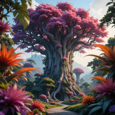 3D rendering of a beautiful fantasy garden with giant trees and flowersの素材