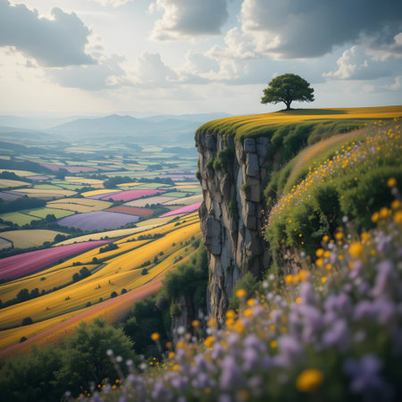 Beautiful spring landscape with blooming meadow and lonely tree.の素材