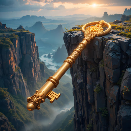 Golden key on the top of the mountain at sunset. 3d renderingの素材