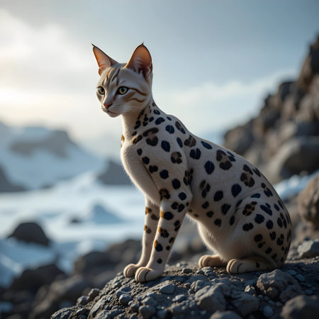 Bengal cat on a rock in the wild. Wildlife sceneの素材