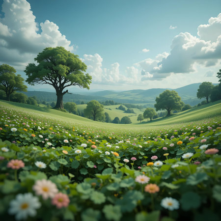 Beautiful summer landscape with blooming meadow and big tree.の素材