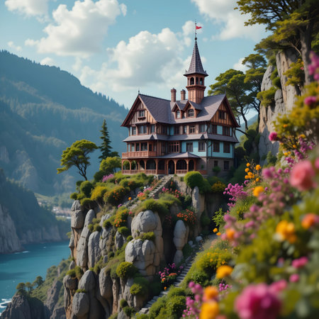 Wooden house on the cliff. Beautiful summer landscape with mountains.の素材
