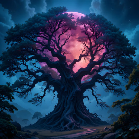 Fantasy landscape with big tree and full moon, 3d illustrationの素材