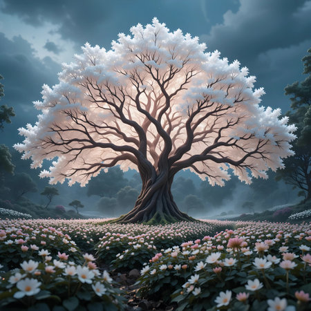 3D rendering of an old tree in the middle of a field of flowersの素材