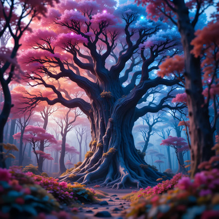 3D render of a beautiful fantasy forest with a big tree in the middleの素材
