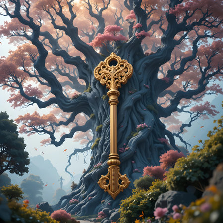 3D illustration of a golden key in an old tree in the forestの素材