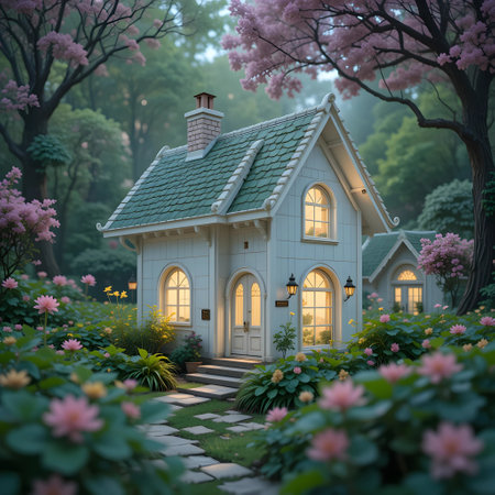 3D rendering of a beautiful old house in the garden with flowersの素材