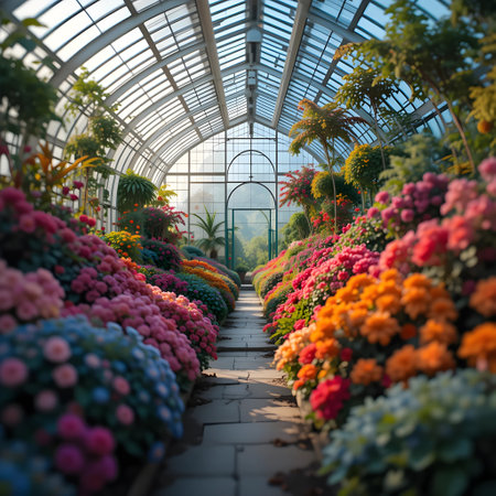 Beautiful flower garden in the greenhouse with sunlight,3D renderingの素材
