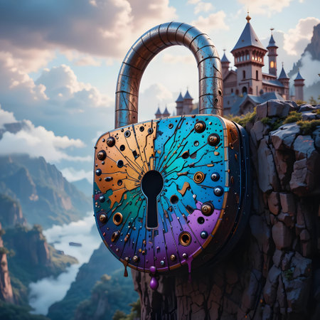 Beautiful padlock in the form of a heart on the background of a beautiful castle.の素材