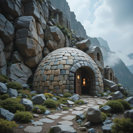 3D render of a fantasy stone house in the mountains. Fantasy world.の素材