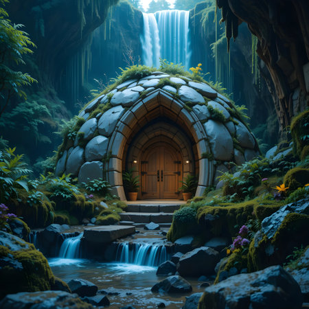 3D rendering of a fantasy garden with a waterfall in the backgroundの素材