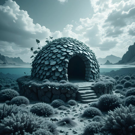 3d rendering of an igloo in the desert with rocks and grassの素材