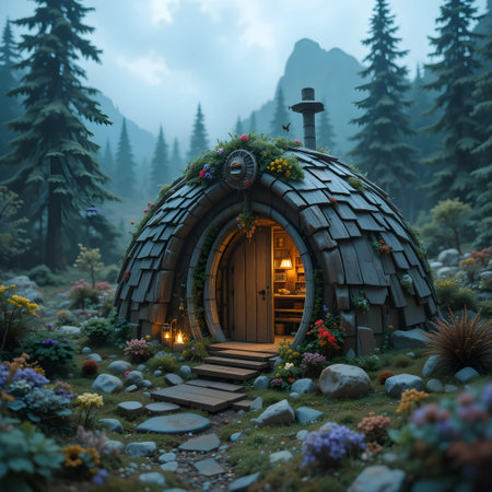 Wooden cottage in the forest. Fantasy world. 3D rendering.の素材