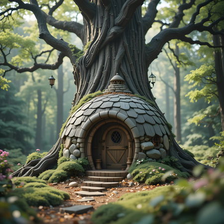 Fairy house in the forest with a big tree in the backgroundの素材