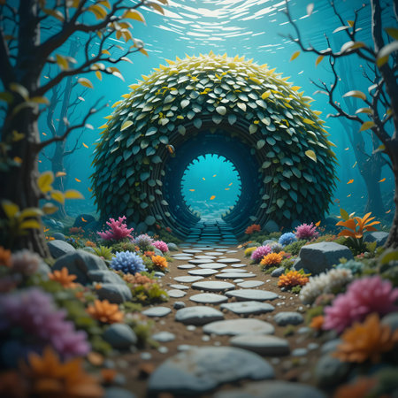 Underwater tunnel with colorful flowers and algae. 3d render.の素材