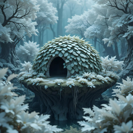 Fantasy landscape with an igloo in the forest. 3d renderingの素材