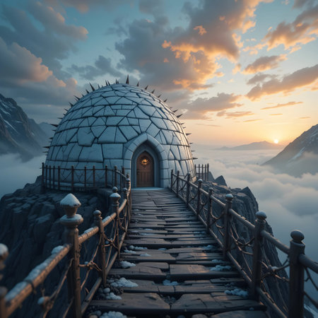 Mountain landscape with a stone igloo in the middle of the cloudsの素材