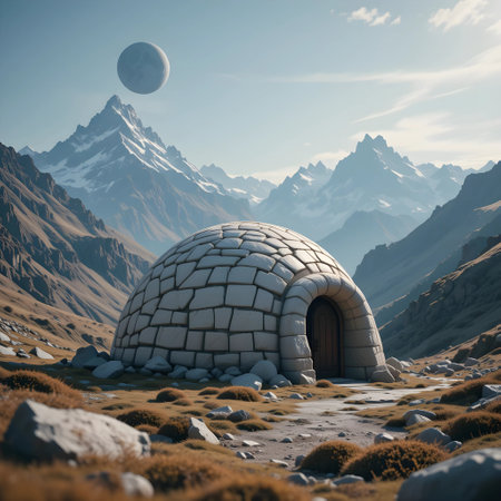 Igloo in the mountains with full moon. 3d renderの素材