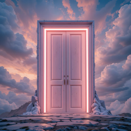 3d rendering of an opened door in the sky with pink lightの素材