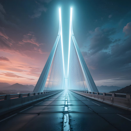 Cable-stayed bridge in the evening. 3d renderの素材