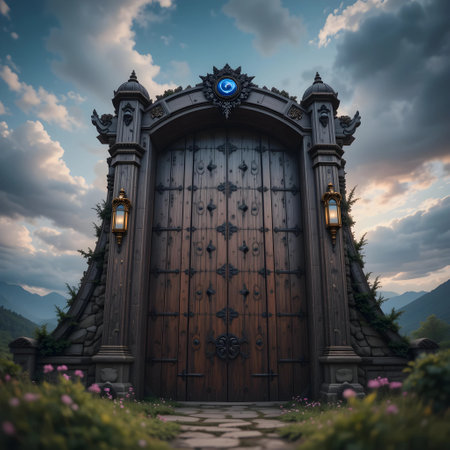 Wooden door in the mountains with blue sky in the background.の素材