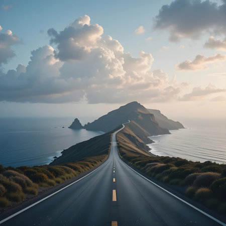 Road to the sea at sunrise. Concept of travel and vacation.の素材