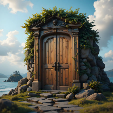 Wooden door in the garden. 3D render. Fantasy.の素材