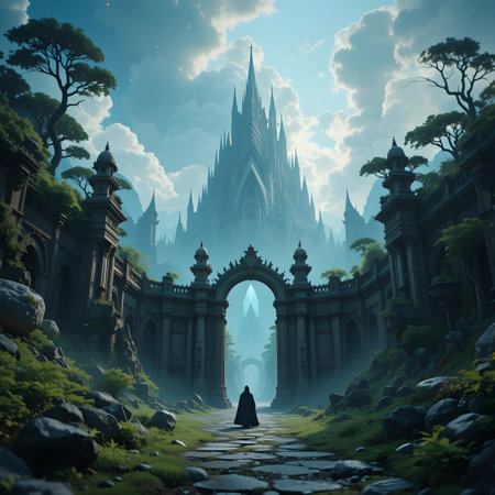Fantasy landscape with a fantasy castle and a woman in the doorwayの素材