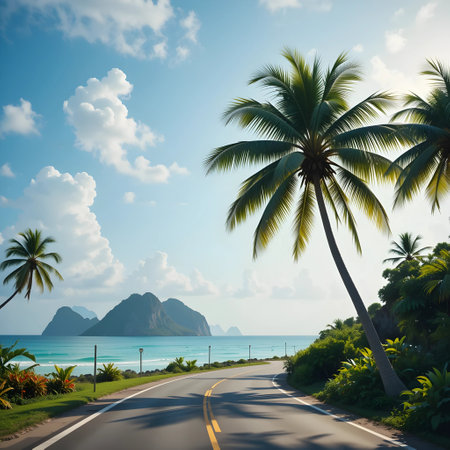 Asphalt road through the tropical island with palm trees and blue seaの素材
