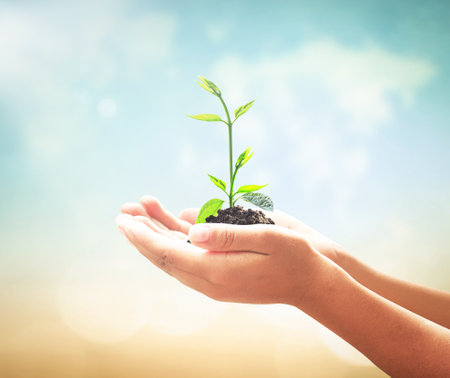 World kindness day concept: Human hand holding small tree over blurred world map of clouds backgroundの写真素材