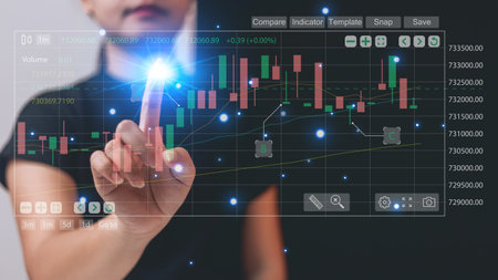 Businesswoman hand touching virtual screen with forex chart, stock market conceptの写真素材