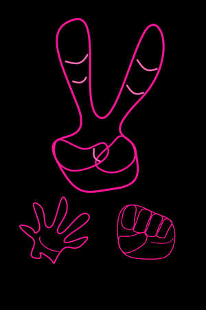 pink grapghic of hammer-paper-scissors hand in black backgroundのイラスト素材