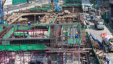 bird-view Construction site with truck metal and workers のeditorial素材