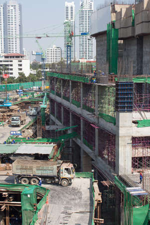 bird-view Construction site, workers work structure with cementのeditorial素材