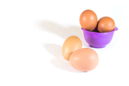 close up one brown eggs isolated ordered in a violet plastic cupの写真素材