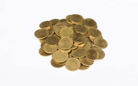 Thailand baht gold coins  on white backgroundの写真素材