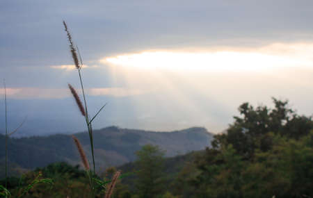 clearly horizon sunlight from cloud rays to green hillの写真素材