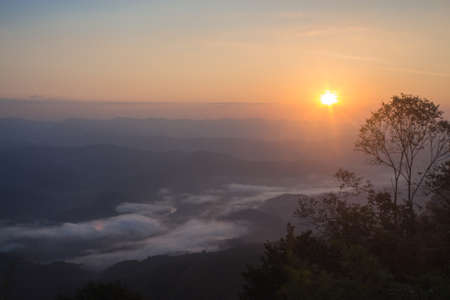 top view of sunrise with foggy over mountain forest in the morningの写真素材