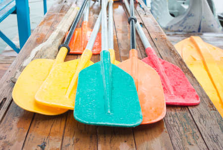 set of colorful oar and paddles of kayak and canoe sportの写真素材